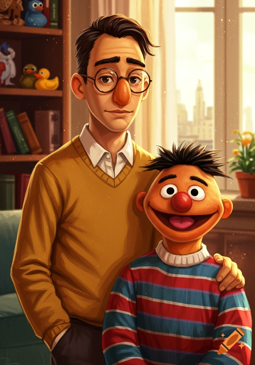 A man with glasses stands beside a cheerful puppet resembling Ernie from Sesame Street, in a brightly lit room.