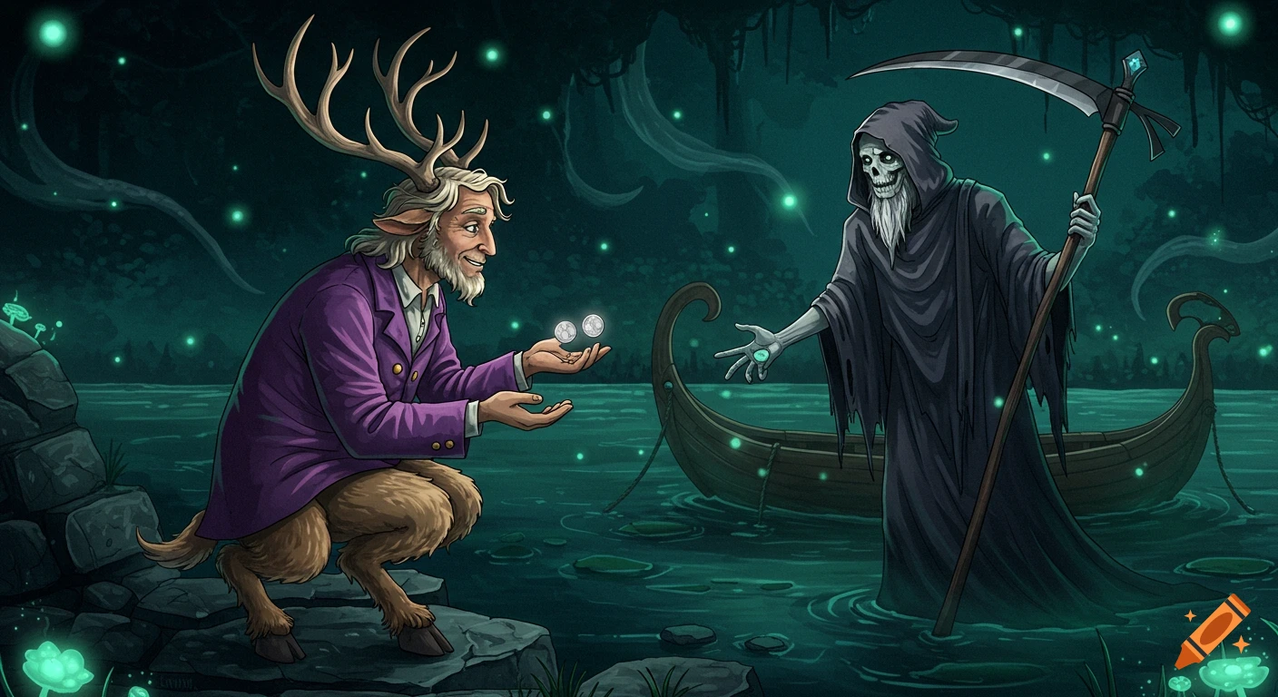 Anime illustration of an elderly satyr offering two glowing coins to Charon, who reaches out from a boat on the mystical River Styx.
