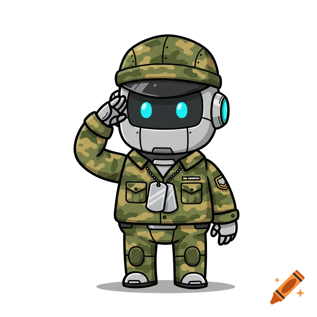 A cute cartoon robot dressed in military camouflage salutes.