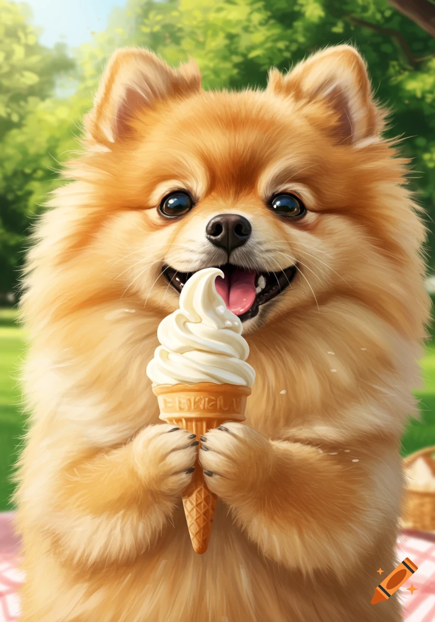 A fluffy, happy Pomeranian dog holds a vanilla soft-serve ice cream cone in a green park setting.