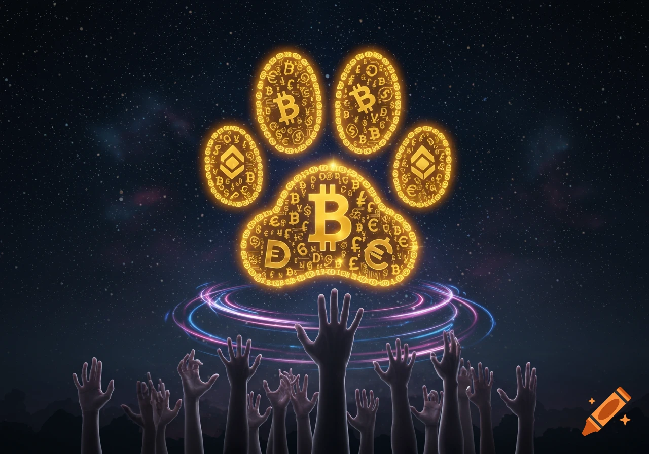 A glowing golden paw print made of various currency and cryptocurrency symbols hovers in a starry night sky, with many hands reaching up towards it.