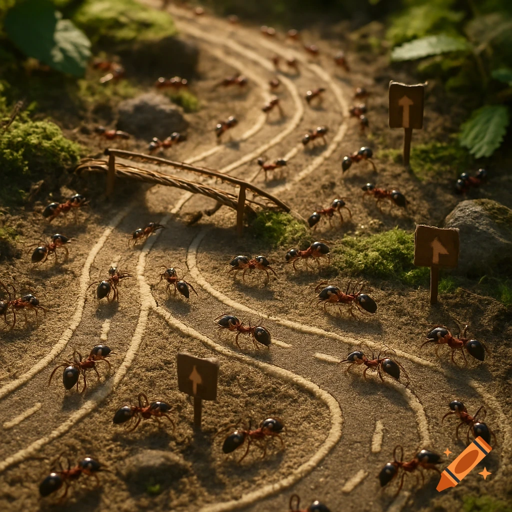 Close-up of numerous ants traversing a miniature dirt highway with white lines, wooden bridges, and arrow signs, set in a natural, mossy environment.