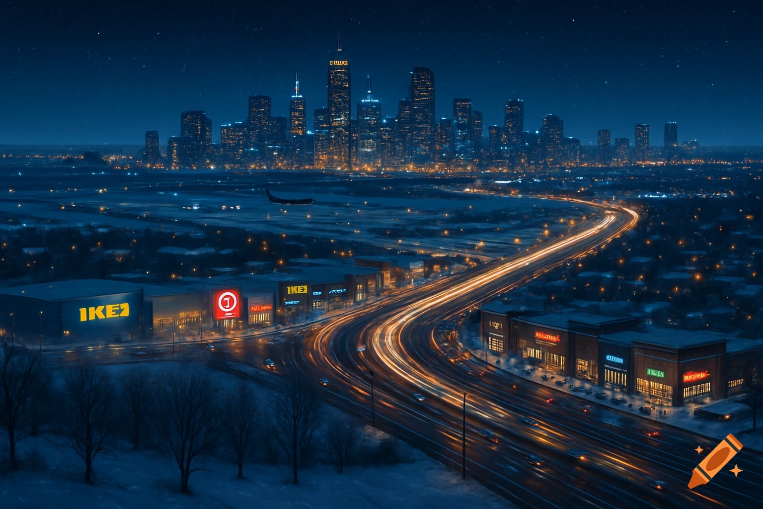 An aerial night view of a snow-covered city with a winding interstate illuminated by car lights leading to a brightly lit skyline. Shops like IKEA are visible along the road.