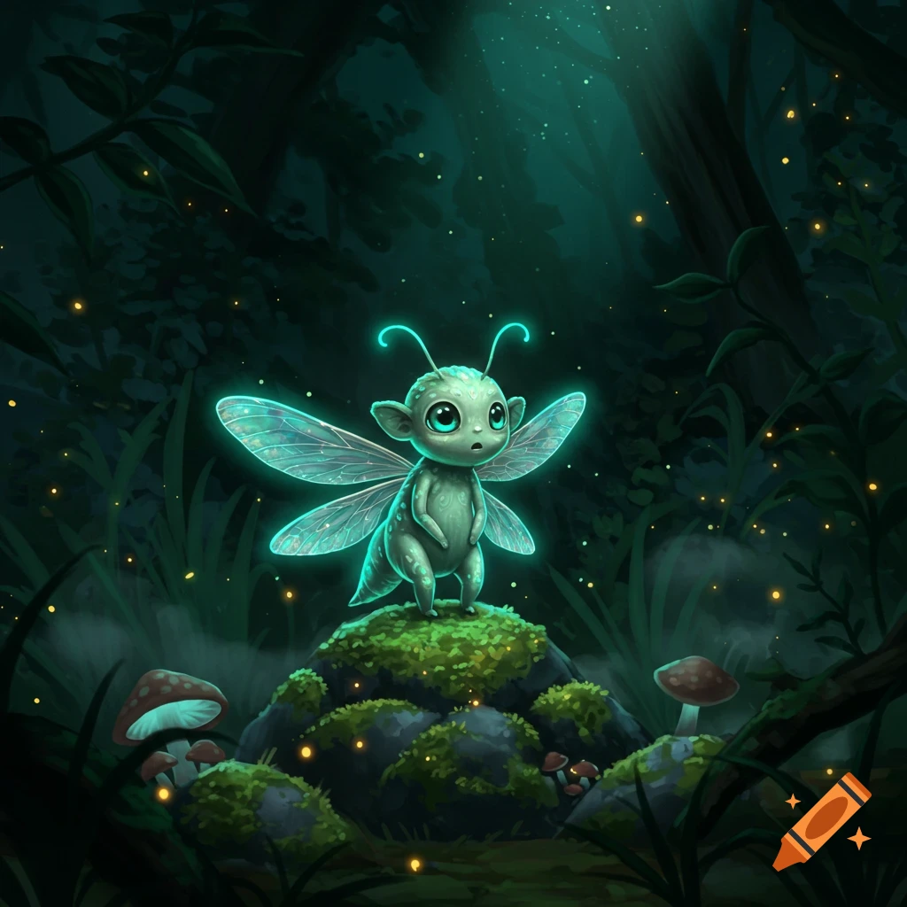 A cute, glowing, bug-like creature with large eyes and antennae stands on a mossy rock in a dark, magical forest with fireflies.