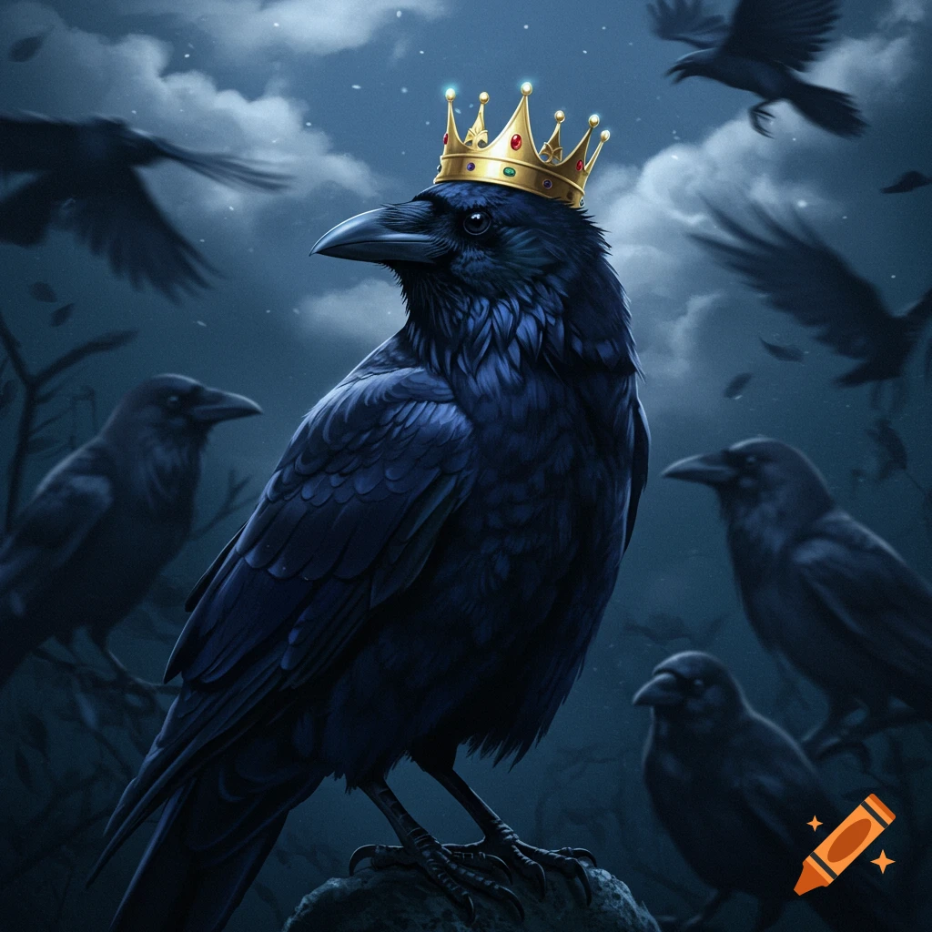 A majestic raven wearing a golden crown sits in the darkness, surrounded by other crows under a cloudy night sky.
