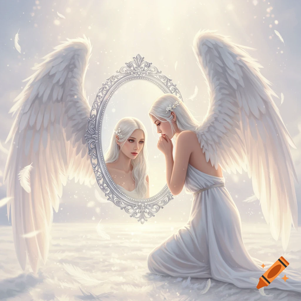 An angel with large white wings kneels, looking into a mirror that reflects her as a human woman, in an ethereal white landscape.