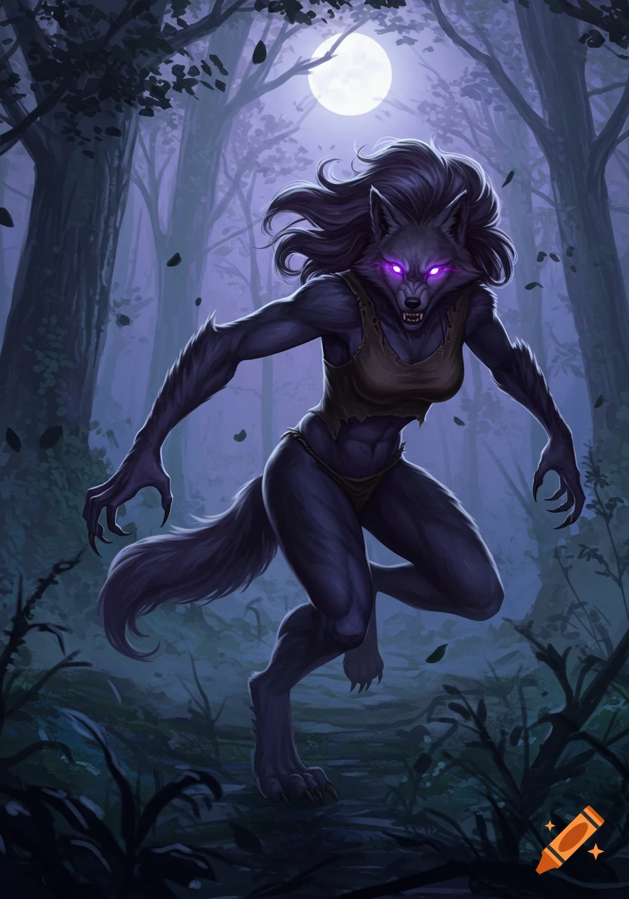 A female werewolf with glowing purple eyes, dark fur, and tattered clothing lunges forward in a moonlit, misty forest.