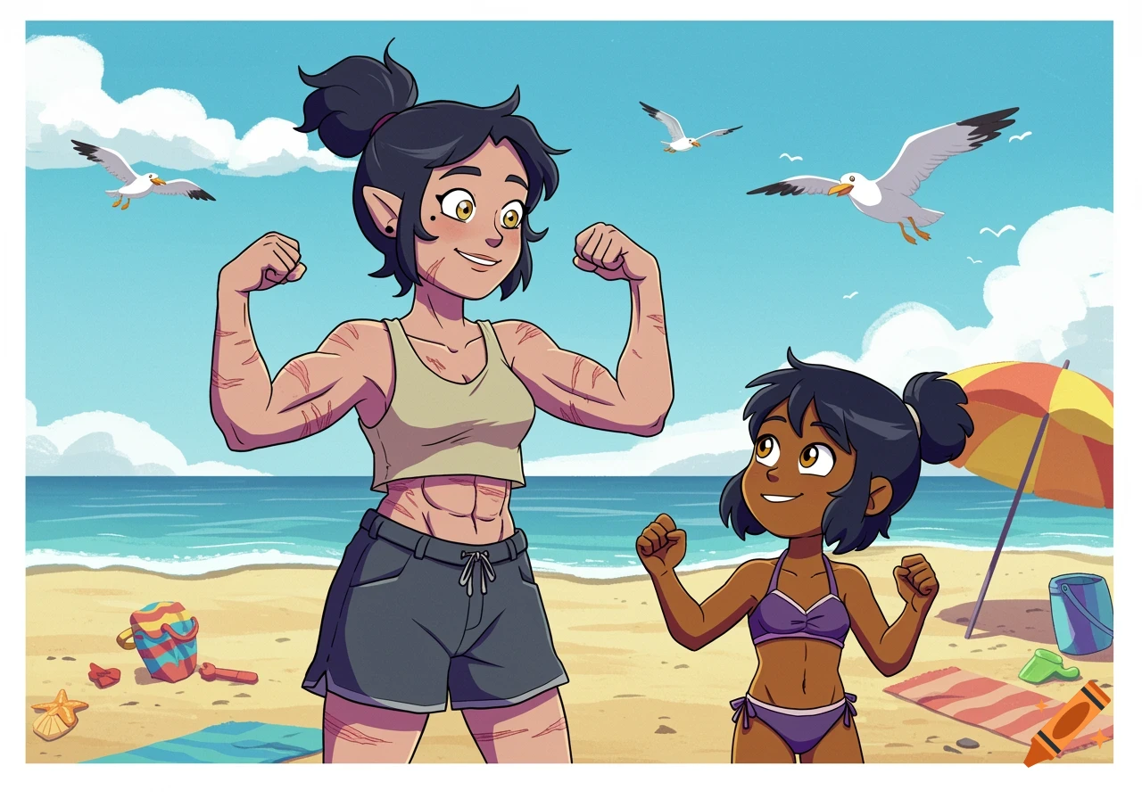 A cartoon of a muscular adult woman with scars flexing her biceps alongside a young girl also flexing on a sunny beach.