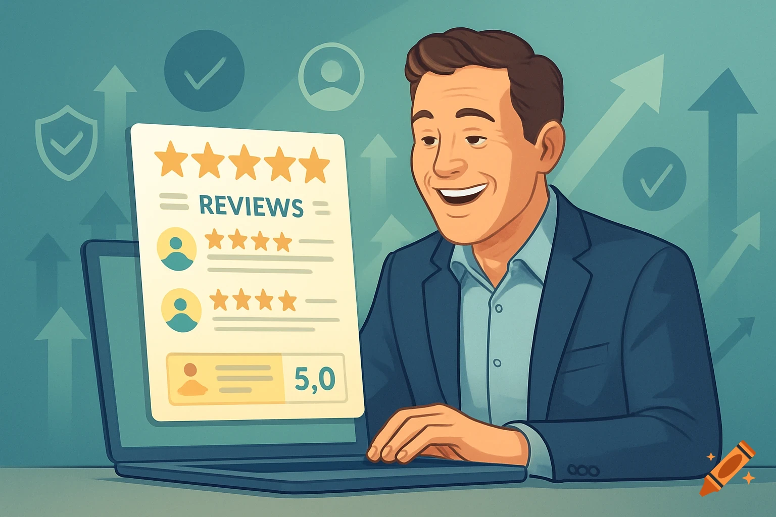 Smiling man views positive reviews on a laptop, with background icons of success and trust in a corporate illustration style.