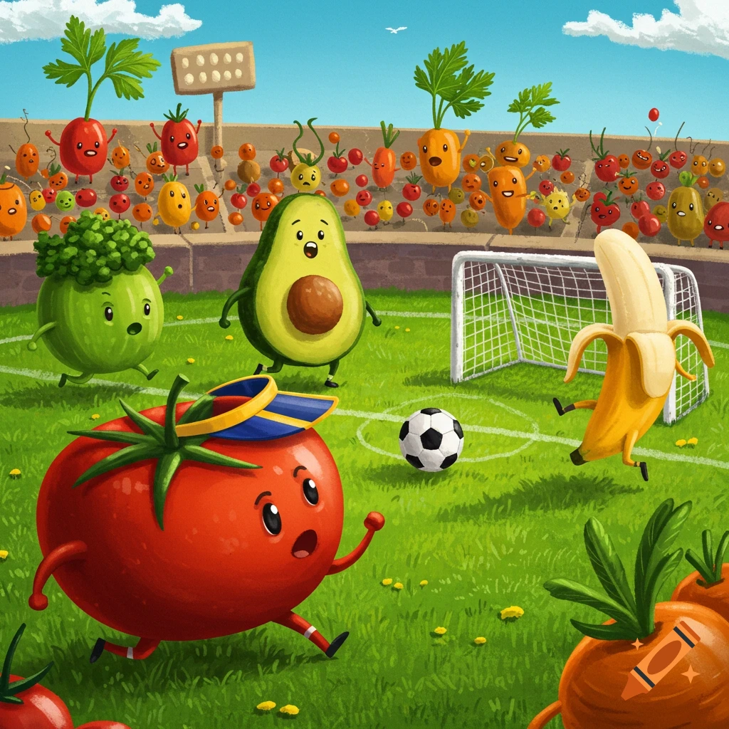 Cartoon fruits and vegetables play soccer on a green field in a stadium, with a tomato, avocado, and banana as players and spectators.