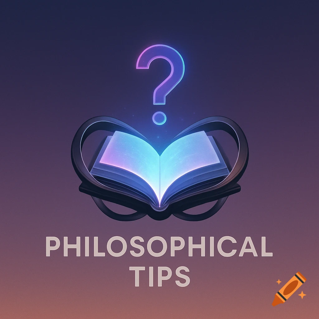 A stylized logo featuring a glowing open book with blue and purple light, a purple question mark floating above it, and the text "PHILOSOPHICAL TIPS" below.