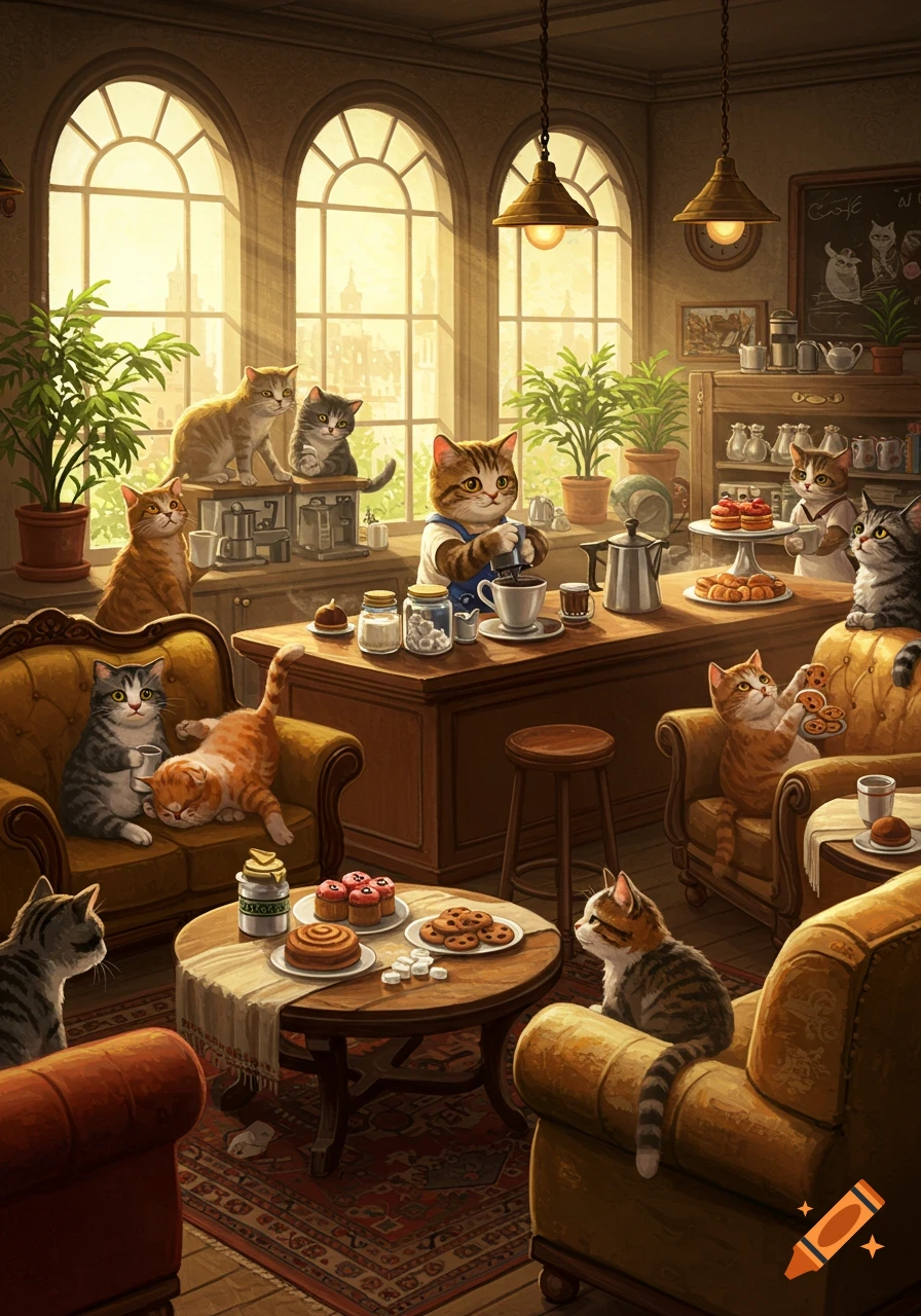 A detailed illustration of anthropomorphic cats operating a busy cafe, serving coffee and pastries to other cats.
