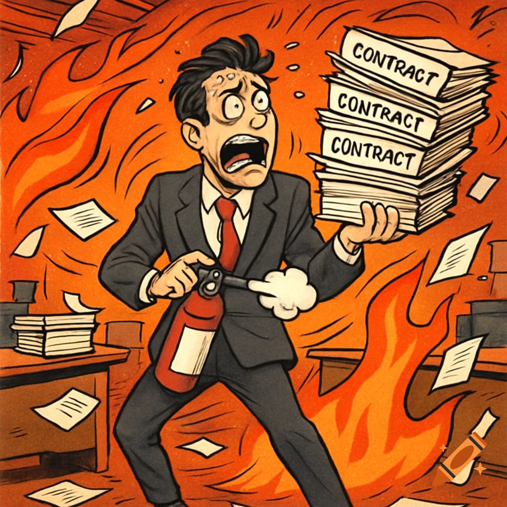 Cartoon illustration of a stressed lawyer putting out fires in a burning office while holding contracts.