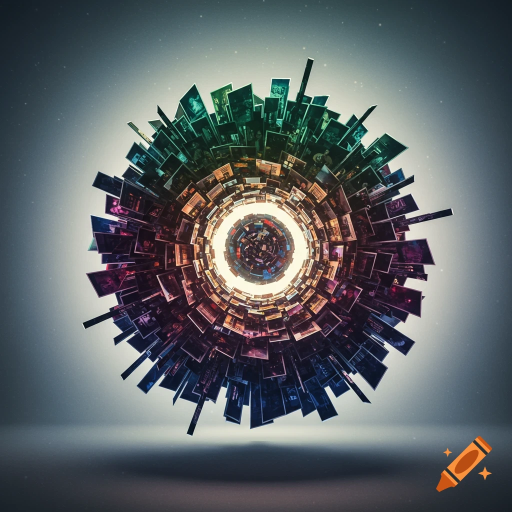 A vibrant, glowing spherical 3D collage composed of countless small images, set against a dark, starry background.