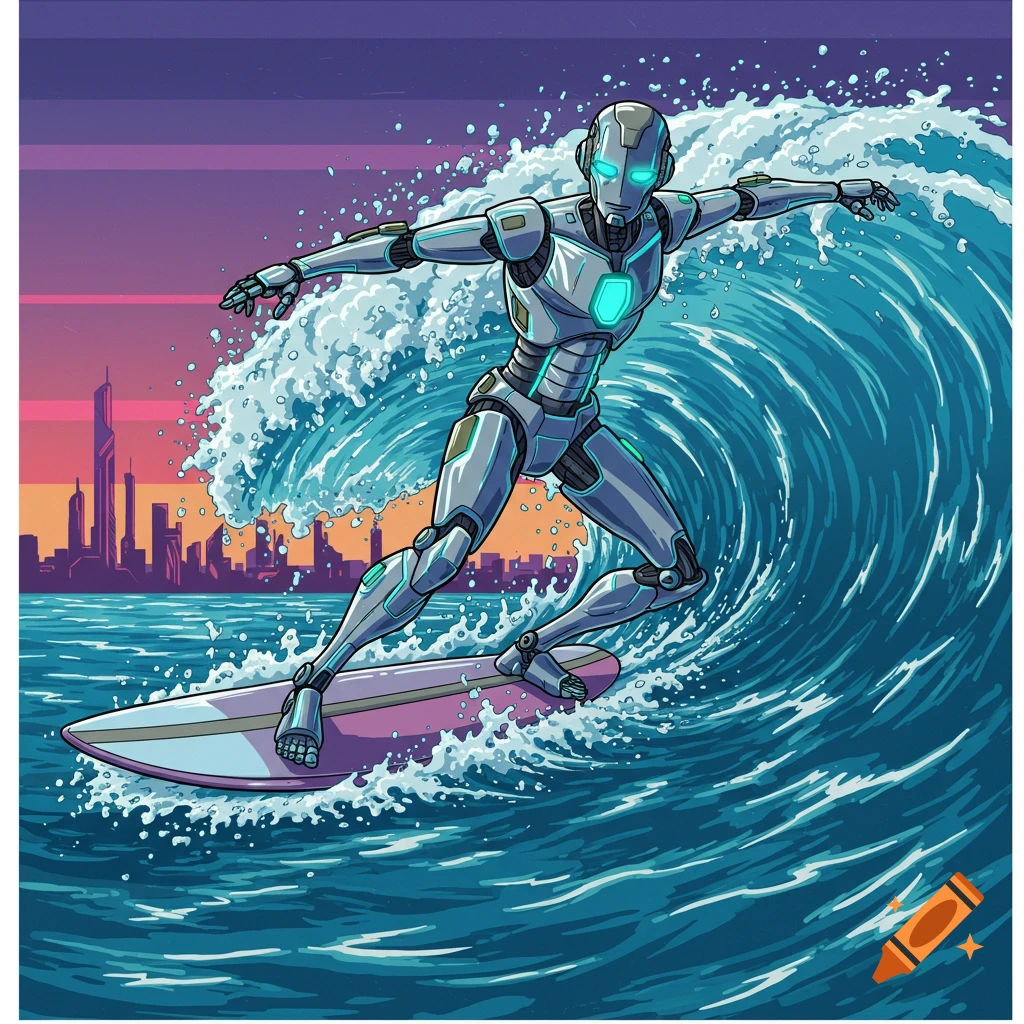 A vector illustration of a robot surfing a large wave with a colorful sunset sky and city skyline in the background.