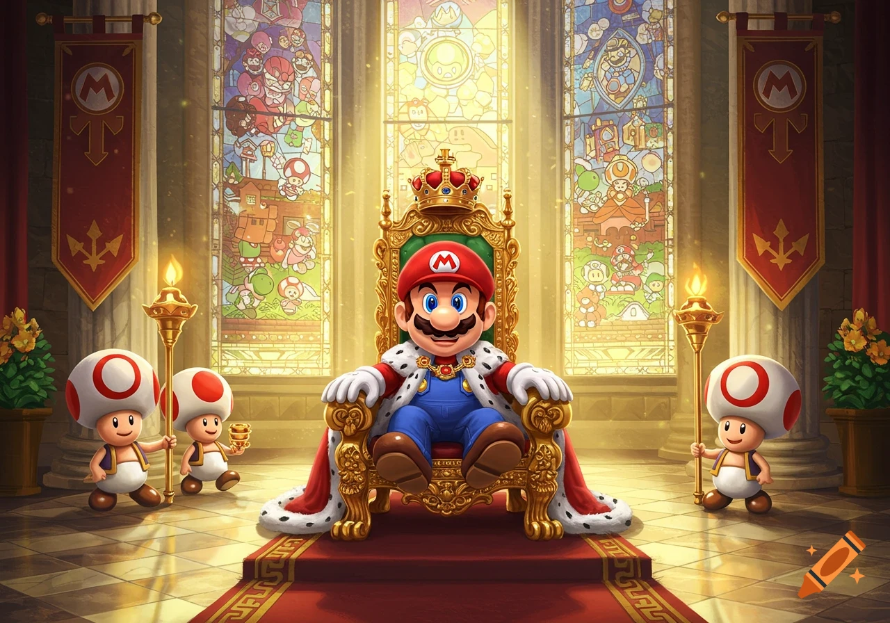 King Mario sits on an ornate golden throne in a regal hall with stained glass windows, flanked by two Toads.