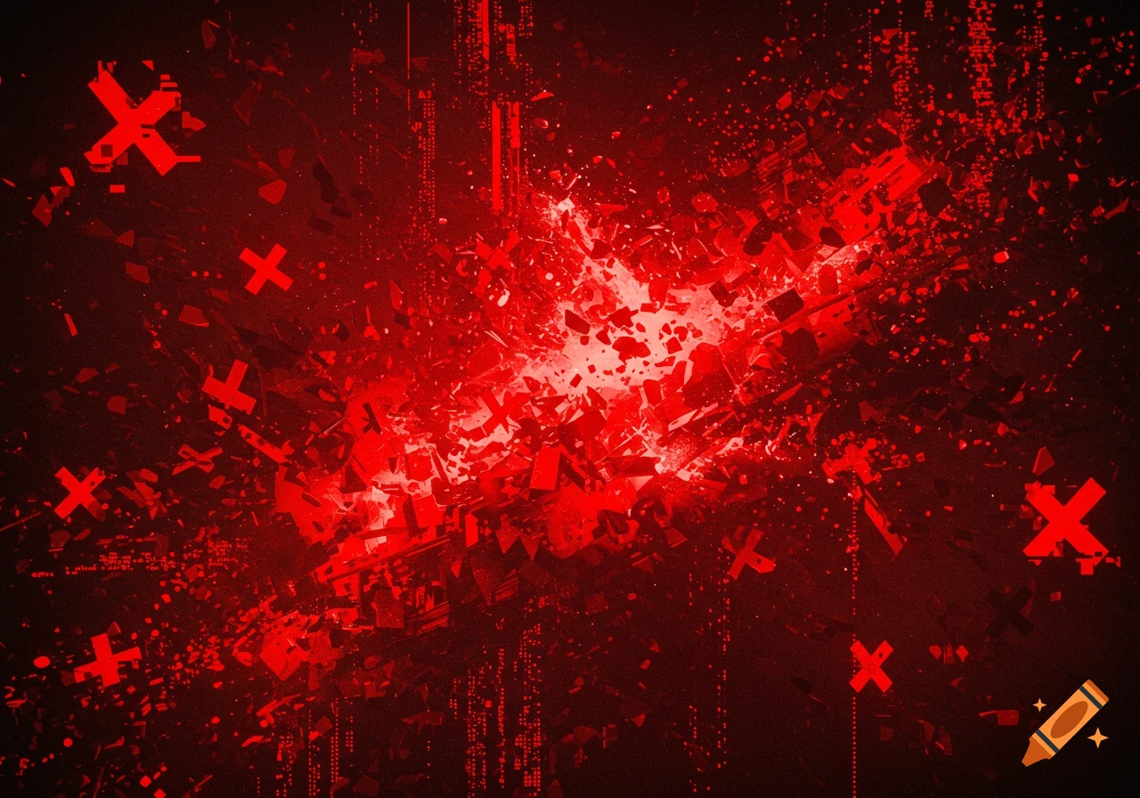 An abstract digital background with a central burst of bright red light, surrounded by dark red and black areas, featuring scattered red 'X' symbols and computer glitch effects.