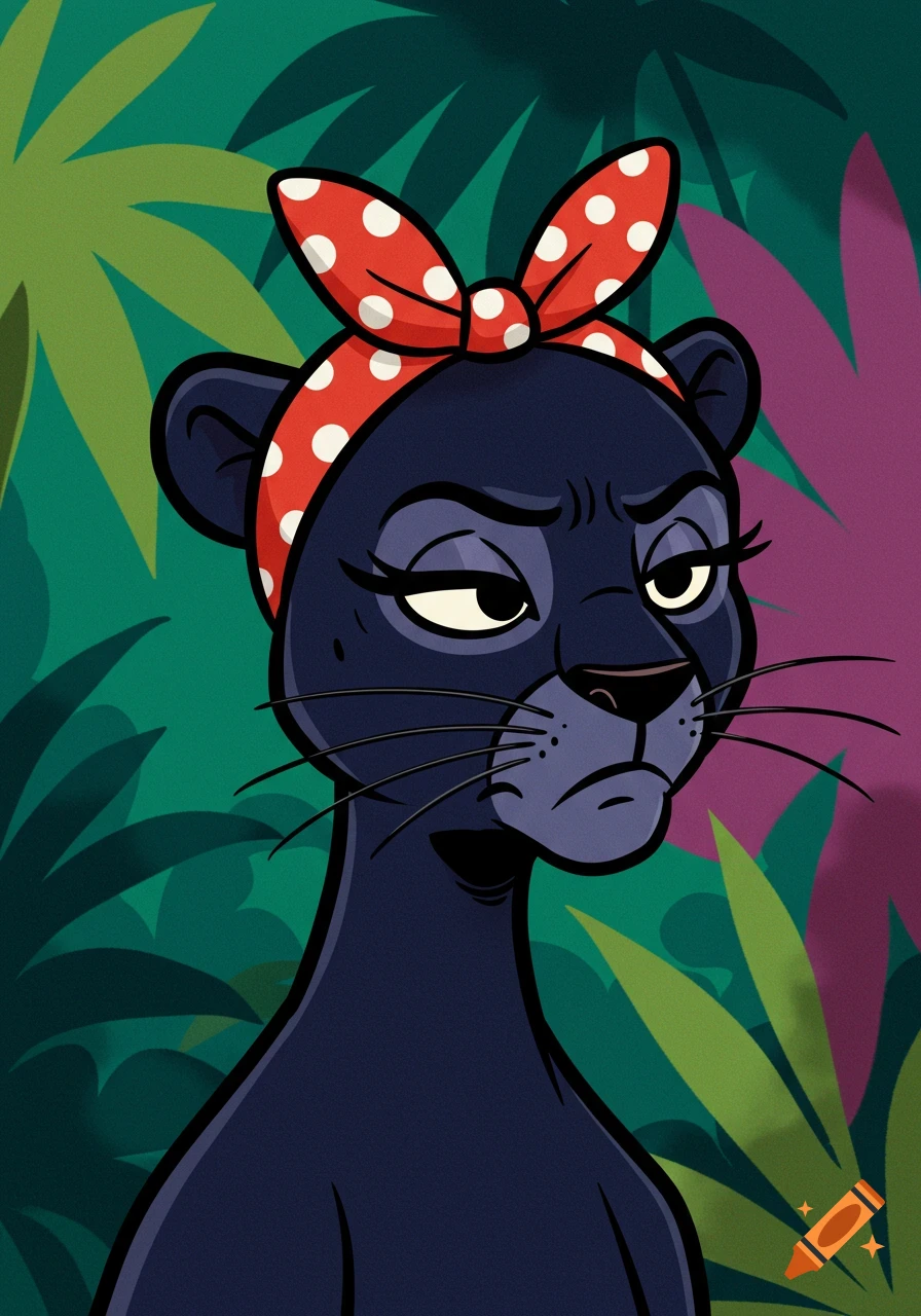 A cartoon of a frowning black panther wearing a red and white polka dot headband in a jungle setting.