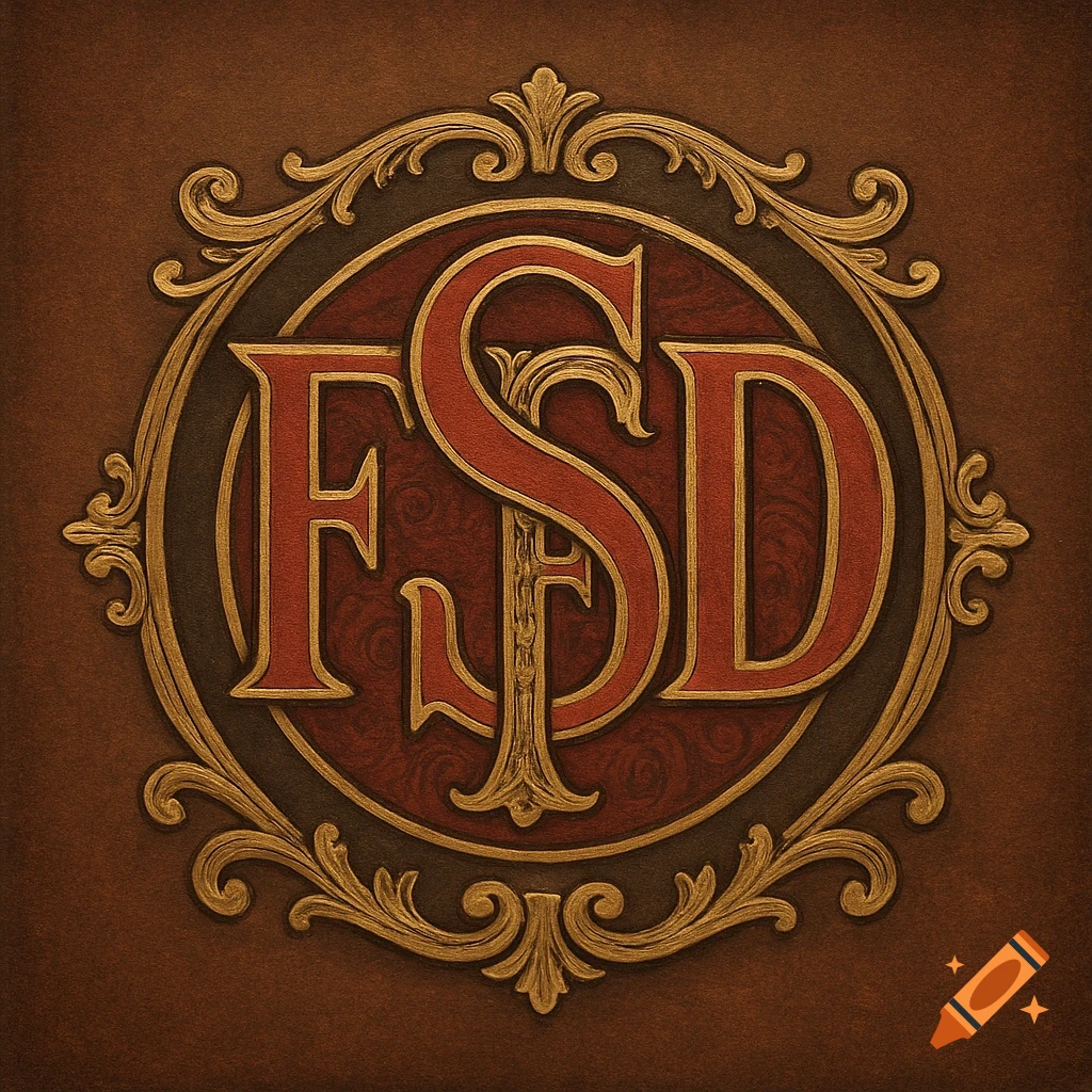 Vintage red and gold ornate crest with intertwined letters 'F', 'S', and 'D' on a dark background.