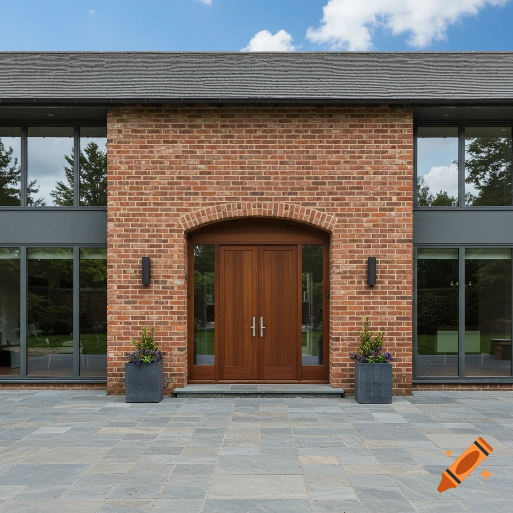 Photorealistic image of a contemporary brick home entrance with double wooden doors, dark-framed windows, and bluestone patio.
