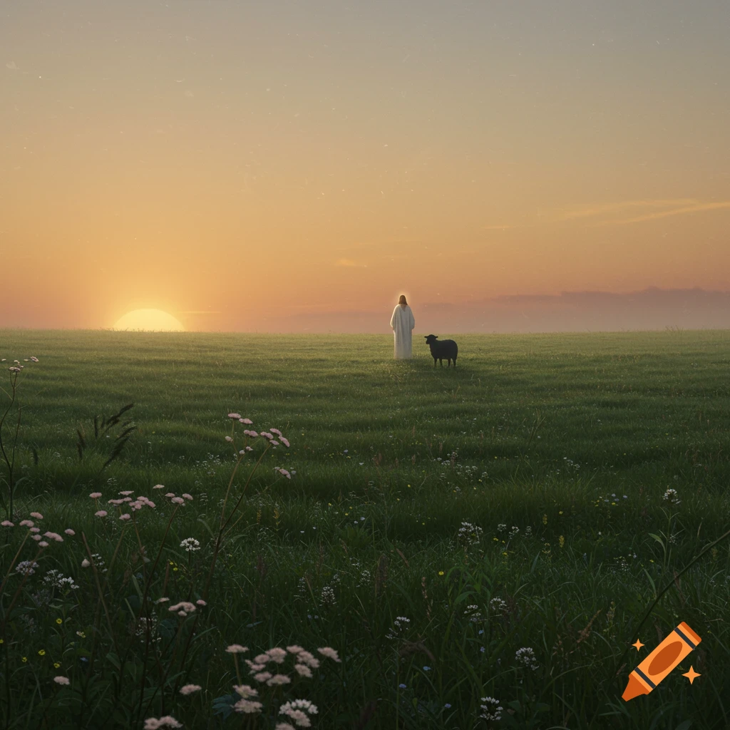 A figure resembling Jesus and a black sheep stand in a vast green field at sunset.