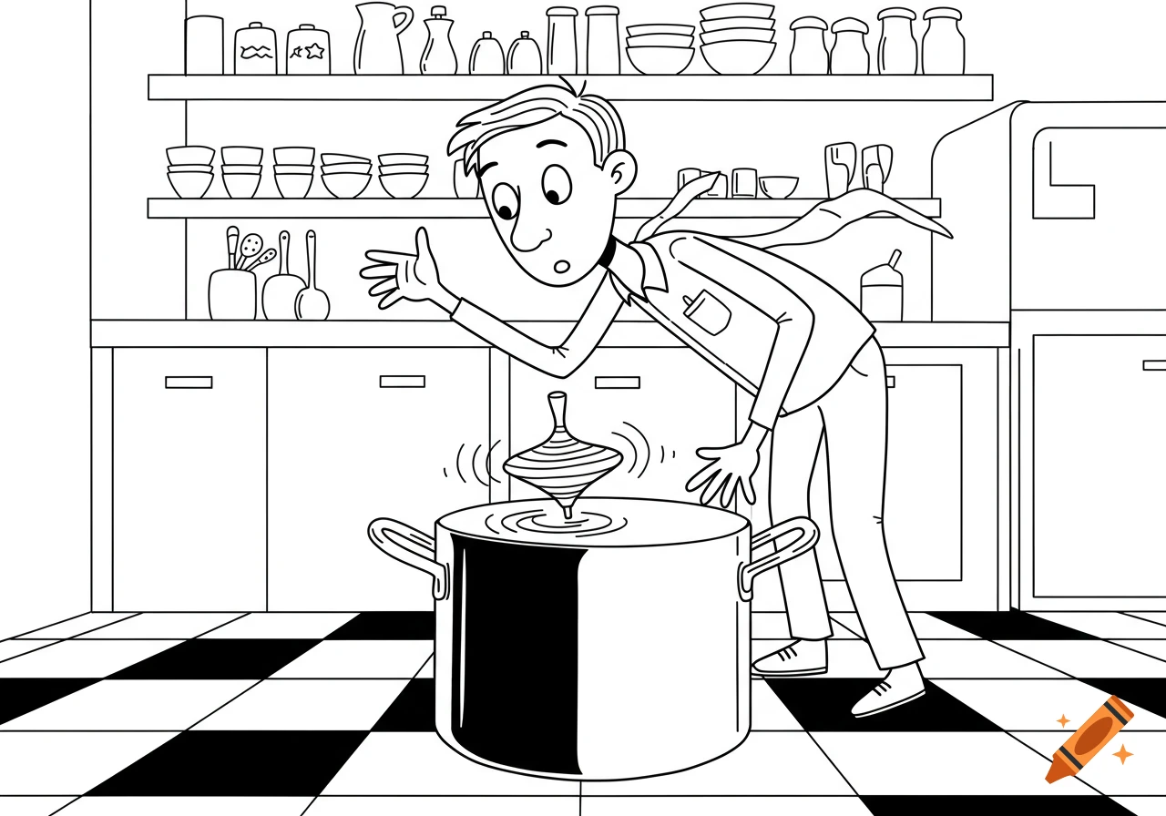 A surprised man in a black and white line cartoon drawing watches a spinning top on an upside-down pot in a kitchen.