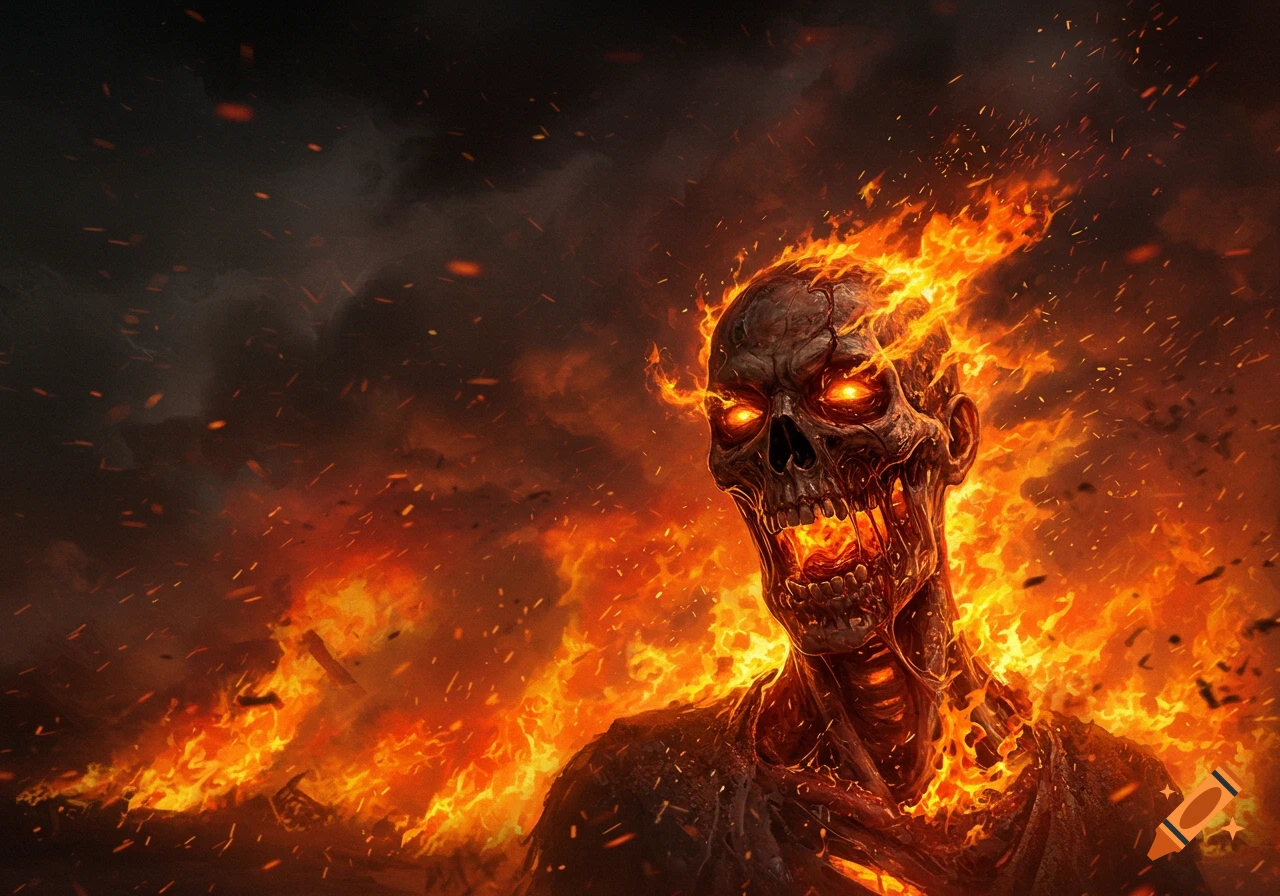 A terrifying skeletal zombie, engulfed in roaring flames, stands against a fiery, smoke-filled background.