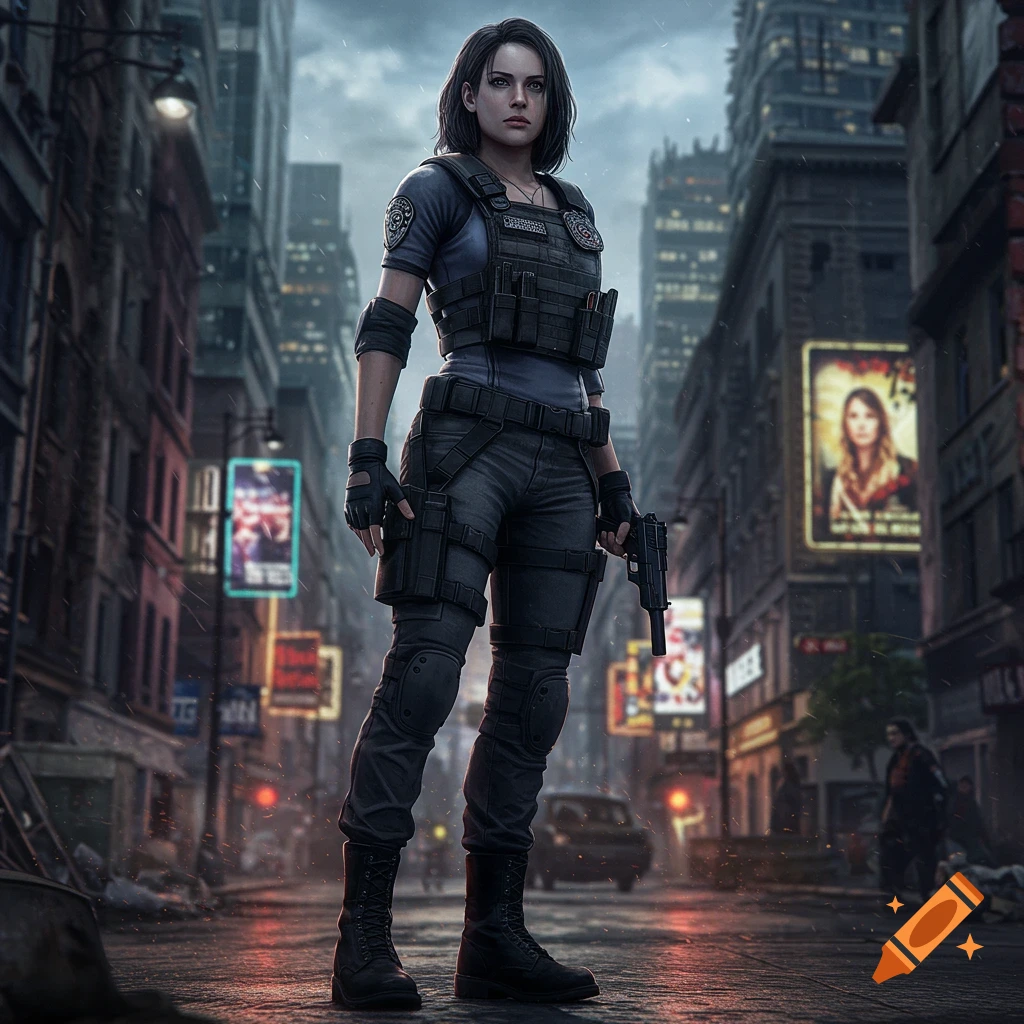 A female character in tactical gear stands in a post-apocalyptic city street, holding a pistol.