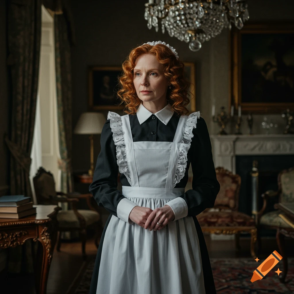 A red-haired woman in a traditional black and white maid uniform stands in an opulent manor, looking thoughtfully to the side. Photorealistic style.