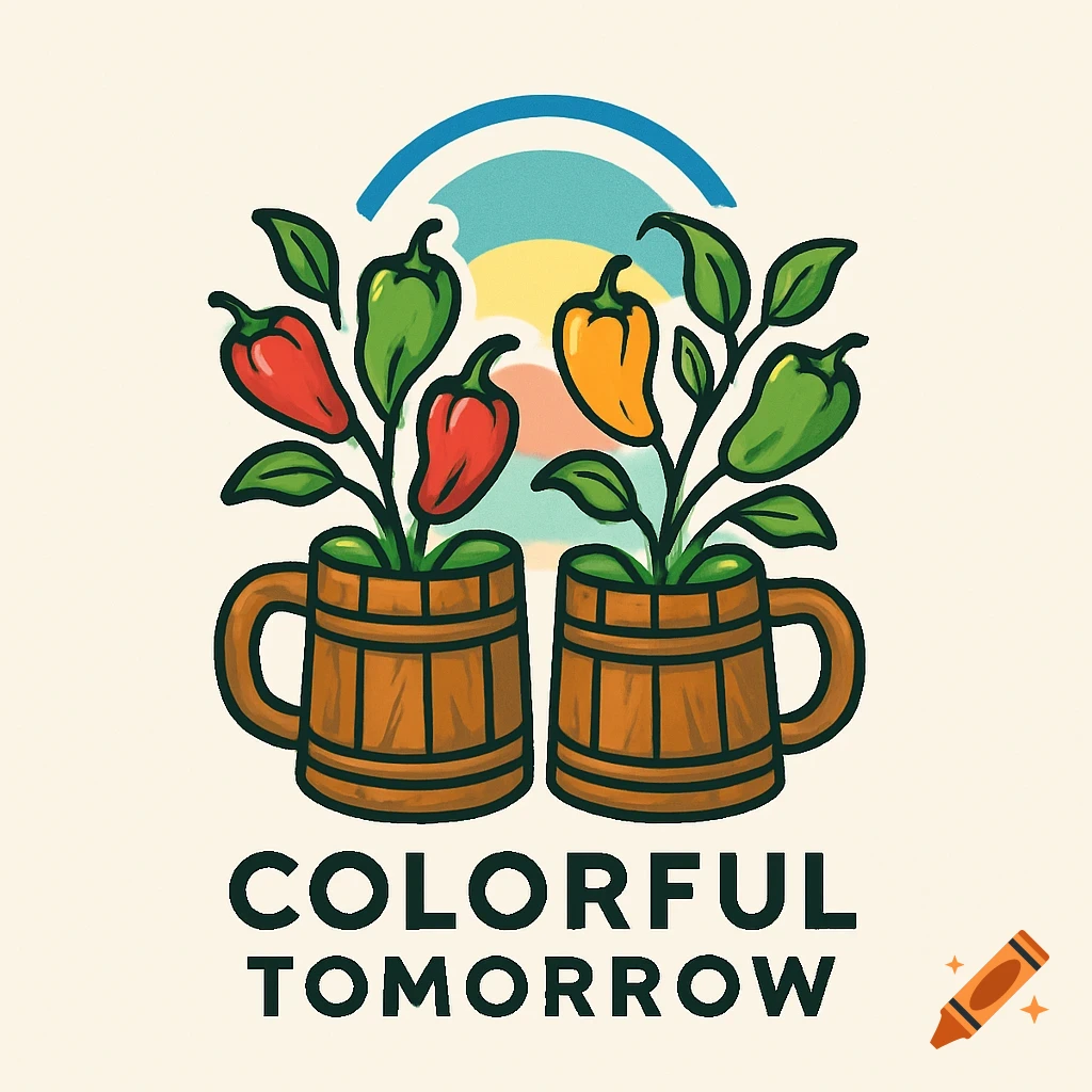 A flat 2D logo with colorful peppers growing out of wooden mugs, with a rainbow sky background and the text 'COLORFUL TOMORROW'.