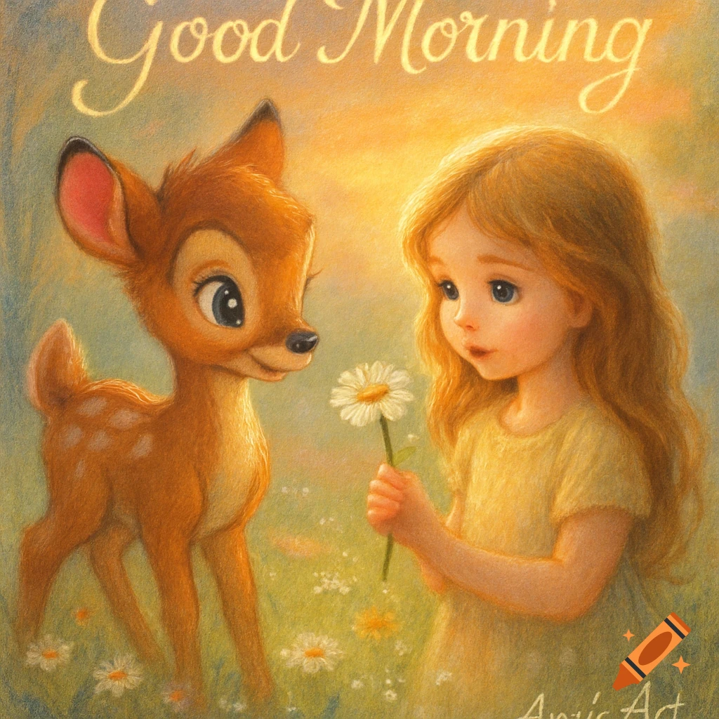 A dreamy chalk pastel painting of a girl holding a daisy to a fawn in a flower field under a soft sunrise glow. Text says 'Good Morning'.