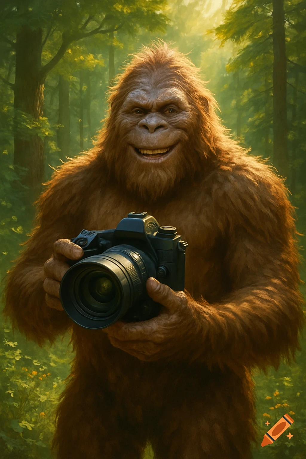 A smiling, furry Bigfoot stands in a sunlit forest, holding a black DSLR camera.