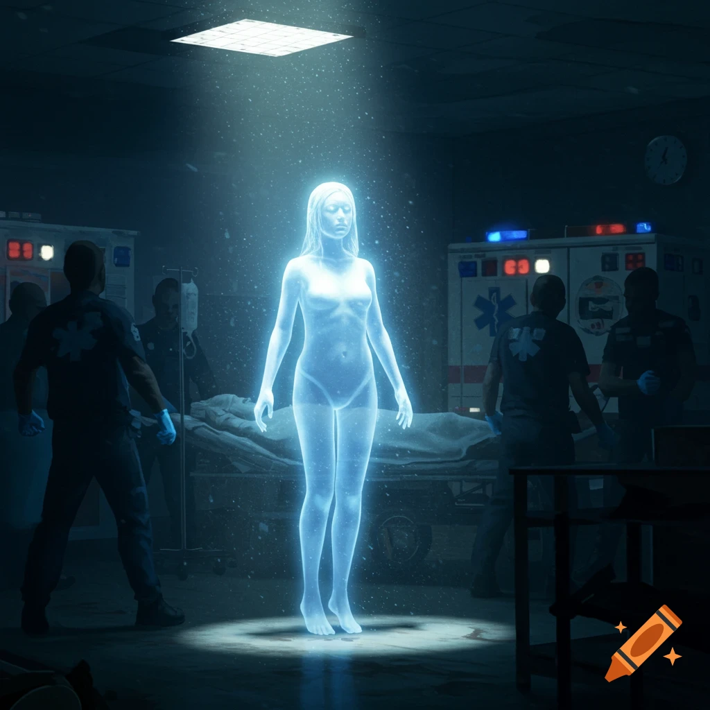 A translucent, glowing female spirit stands over a gurney as paramedics work frantically in a dimly lit medical room, with a supernatural ambiance.