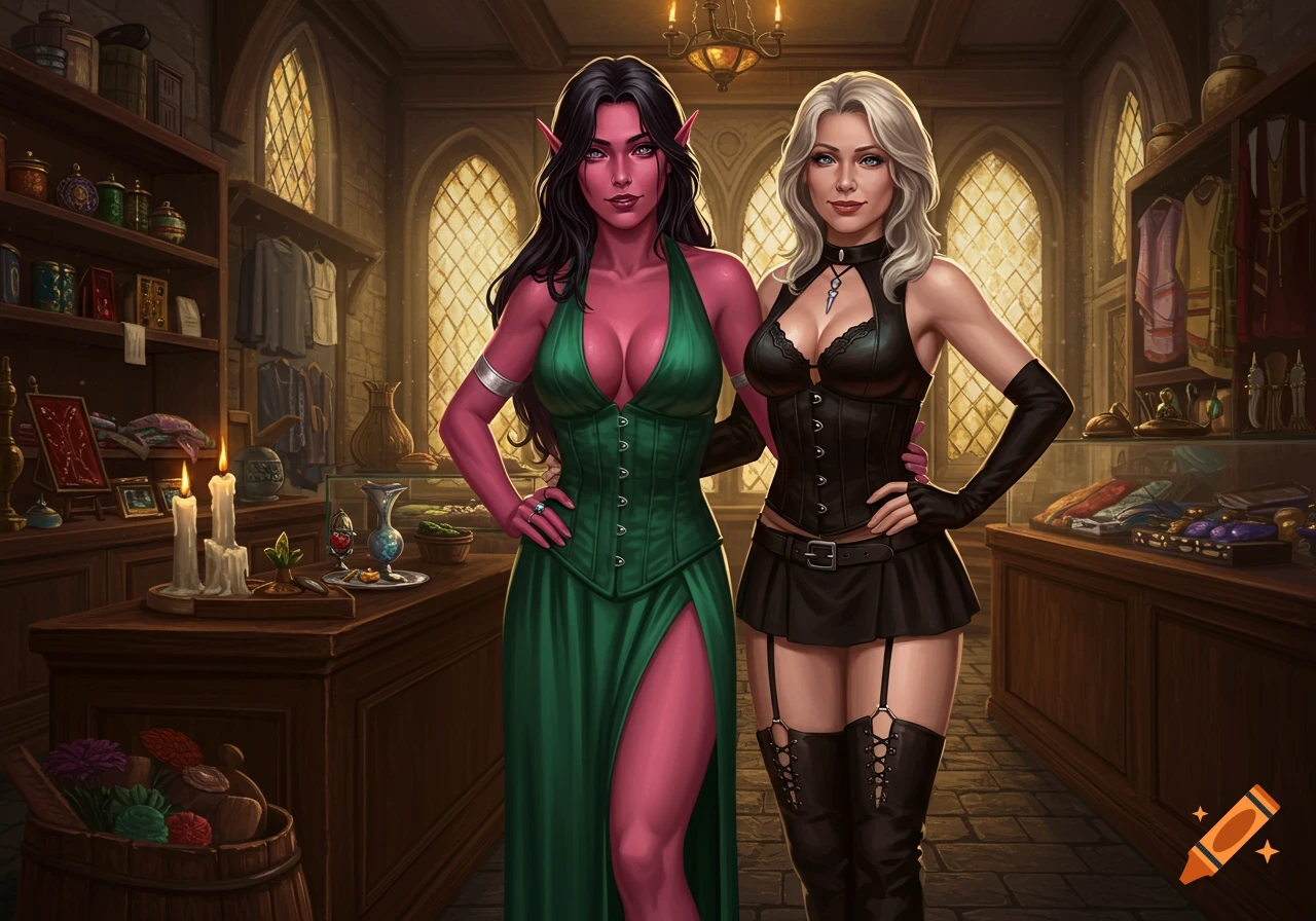 A red-skinned elf in a green dress and a blonde human in black leather pose in a medieval shop. Fantasy art.