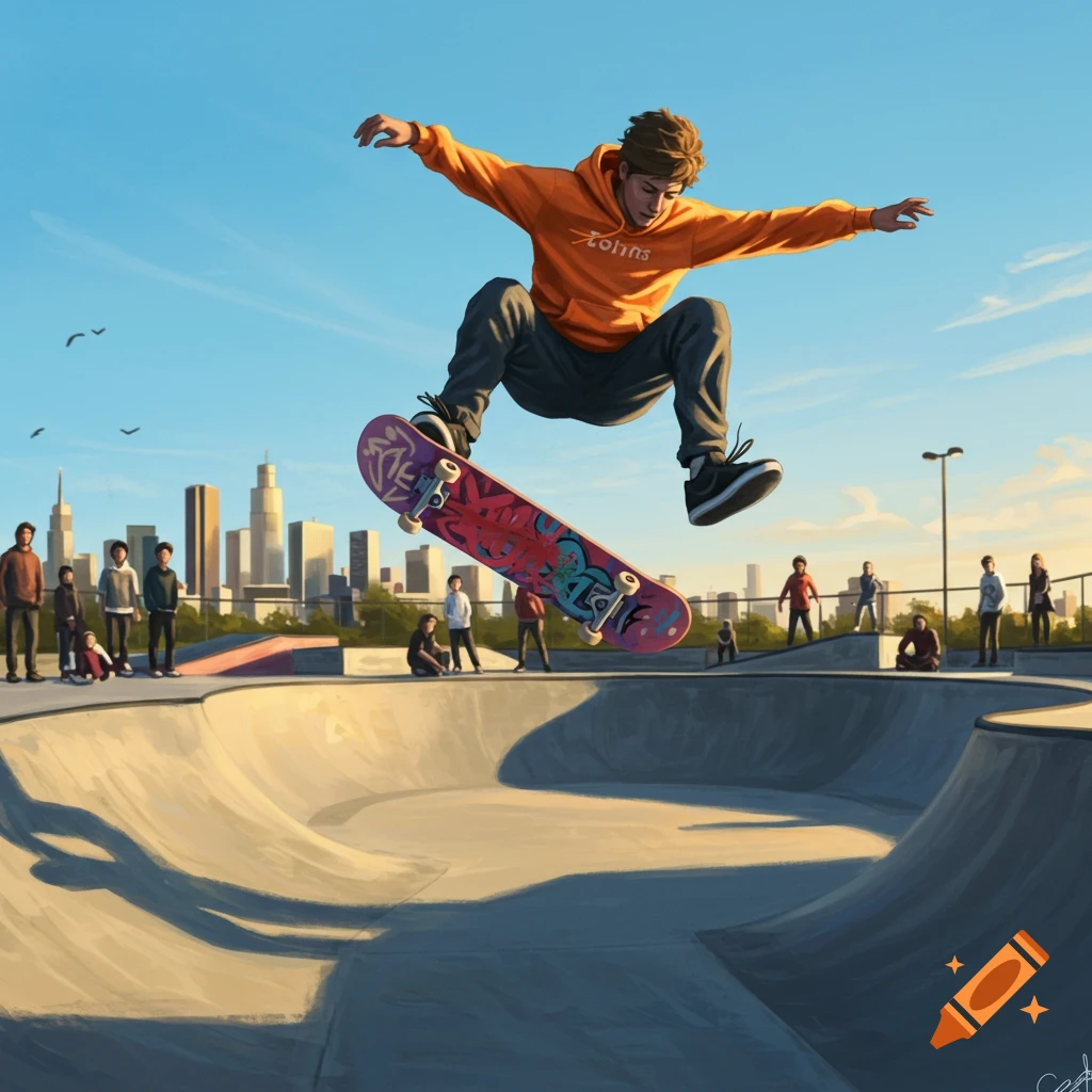 A male skateboarder in an orange hoodie performs an aerial trick above a concrete skate park, with a city skyline in the background at sunset.