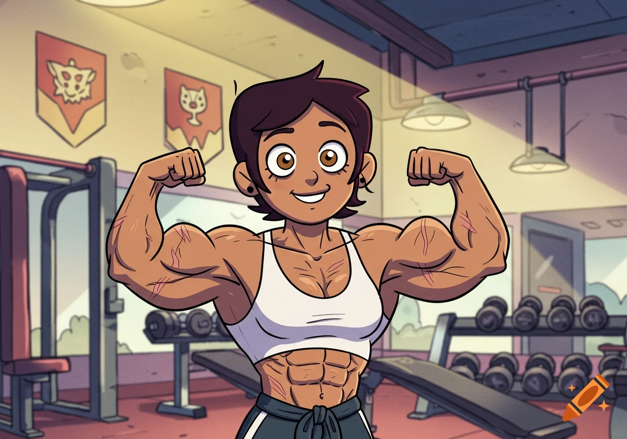 Cartoon character with short brown hair flexing muscular, scarred arms and visible abs in a gym, wearing a sports bra.