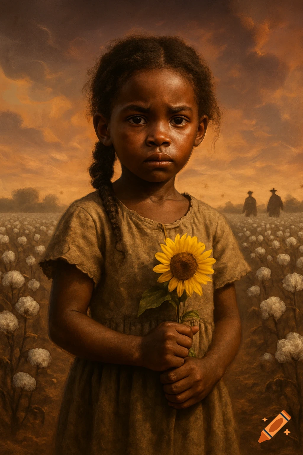 A solemn young Black girl in a brown dress holds a sunflower in a vast cotton field under an orange sky, with two distant figures.