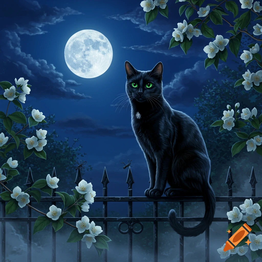 A black cat with green eyes sits on a wooden fence at night, under a ...