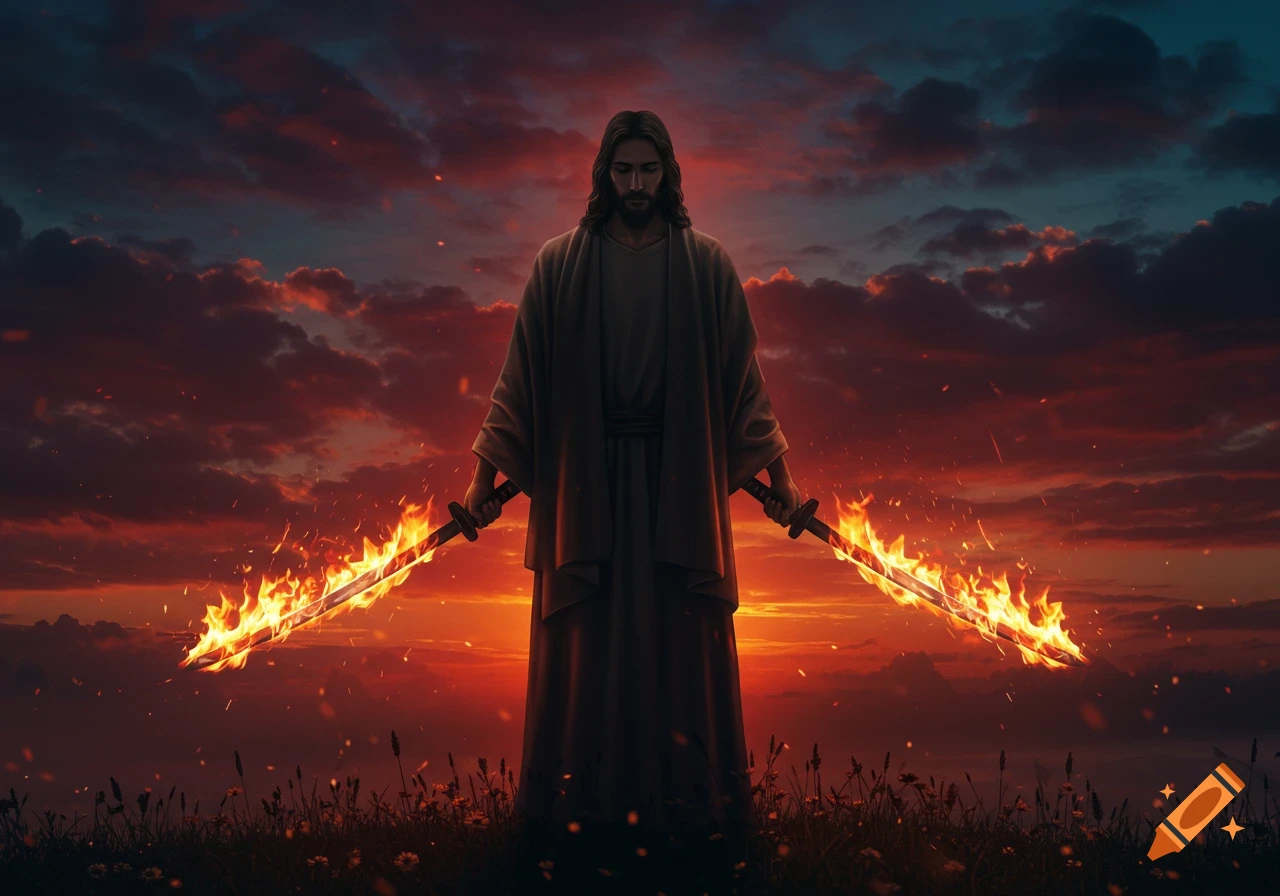 Jesus stands in a field at sunset, holding two flaming katanas, under a dramatic red and orange sky.