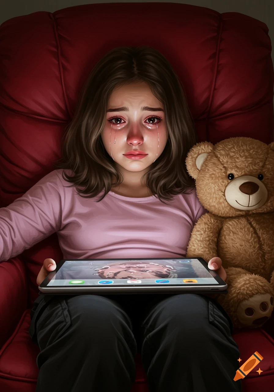 A crying young girl in a pink top sits in a red chair, holding a tablet with a blurry screen. A teddy bear is next to her.