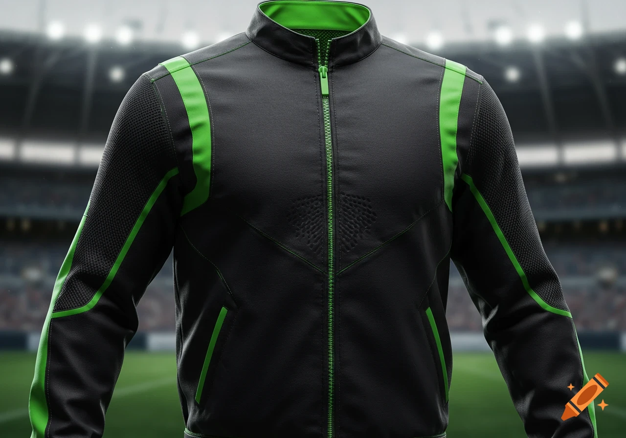 Photorealistic close-up of a black and green high-collar zippered jacket against a blurred sports stadium background.