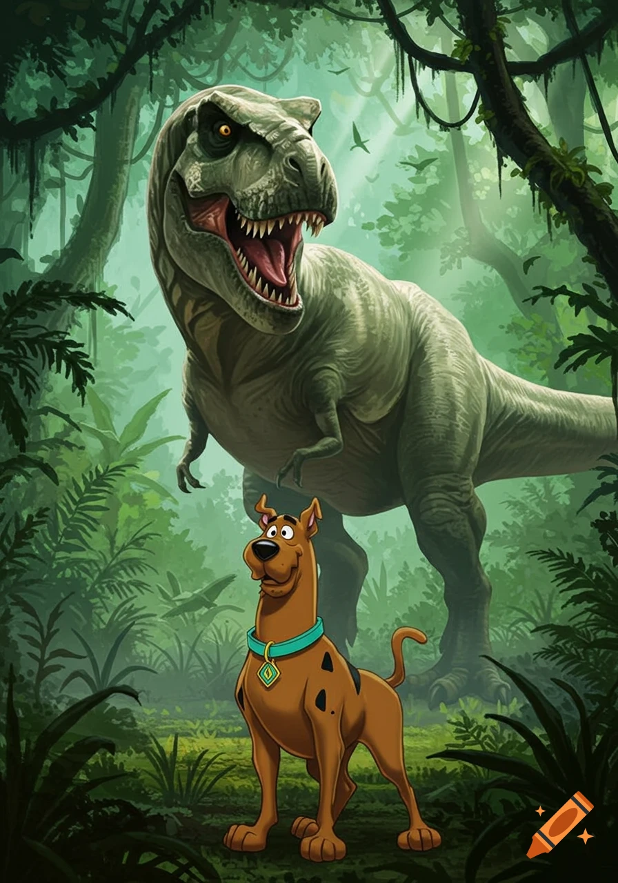 Cartoon Scooby Doo standing in a lush jungle, looking up at a large, roaring T-Rex in the background.