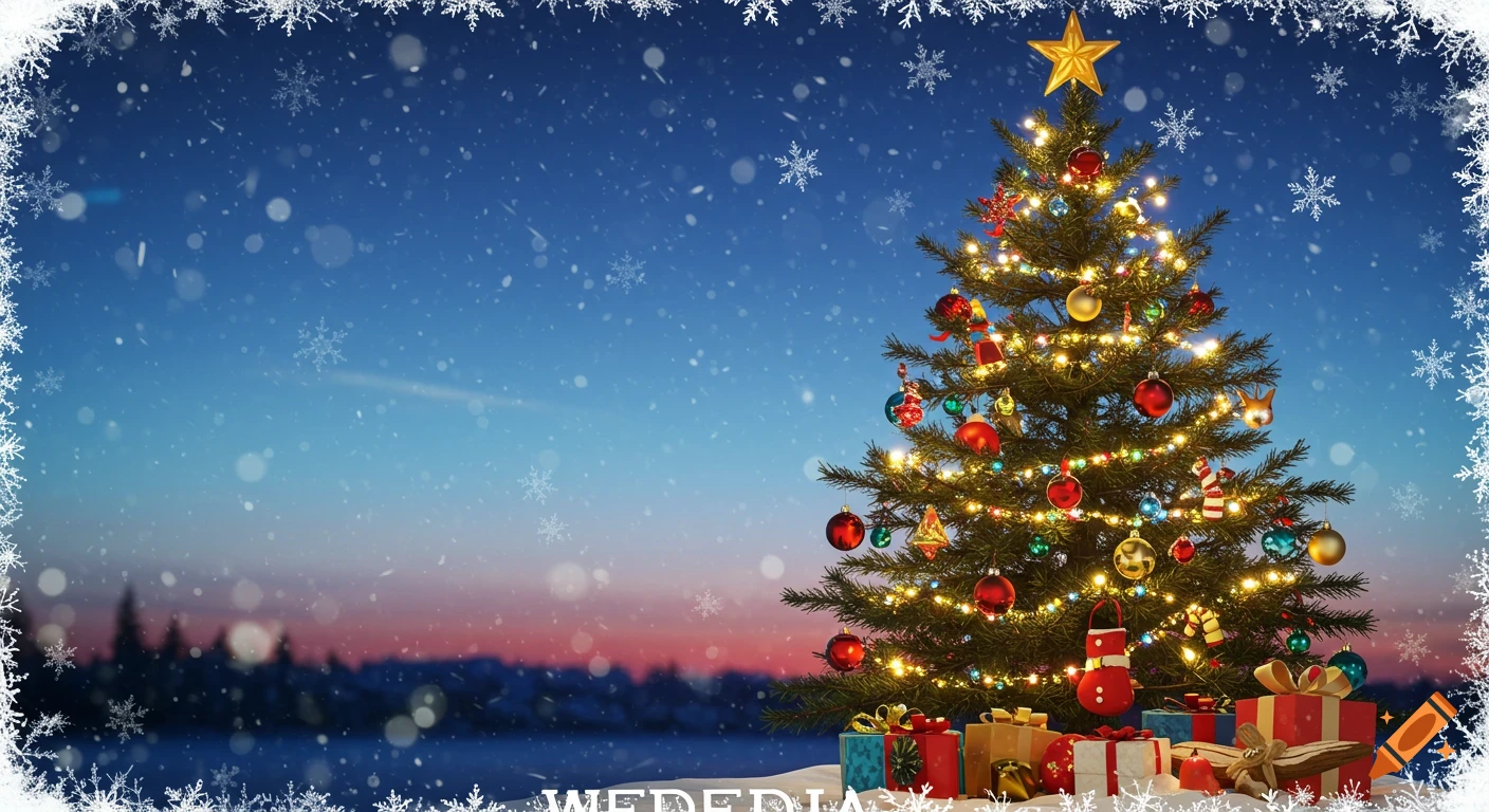 A decorated Christmas tree with lights and presents in a snowy winter landscape at dusk, with falling snowflakes.