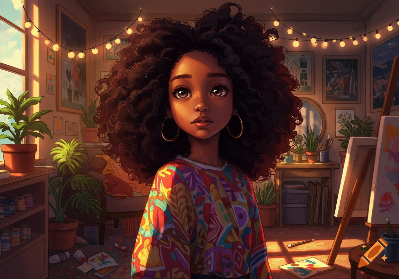A stylized digital painting of a young Black girl with curly hair and a colorful shirt in a warm art studio.