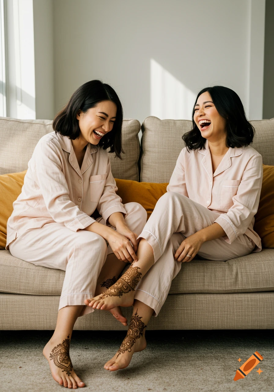 Two Asian women in pajamas laughing on a sofa, showcasing intricate mehndi on their feet.