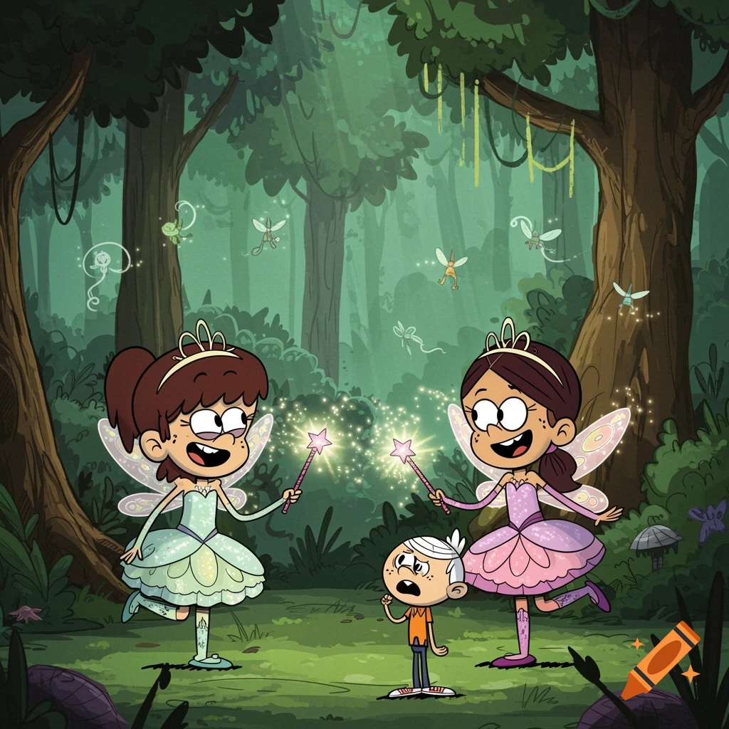 Cartoon of Lynn Loud Jr and Ronnie Anne as fairy princesses beaming light at Lincoln Loud in a magical forest.