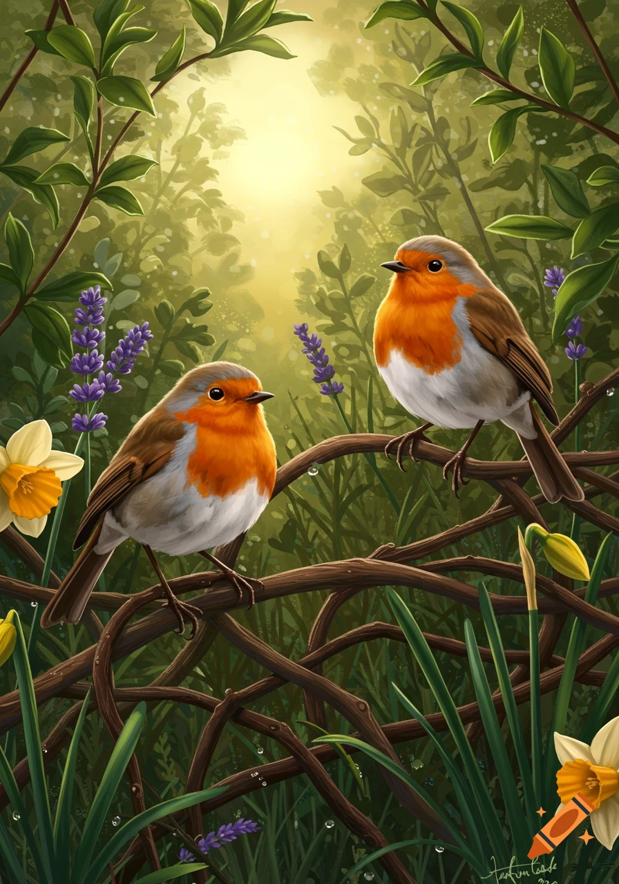 Two red-breasted robins perch on a branch in a lush, sunlit forest, surrounded by lavender and daffodils in an illustrative style.