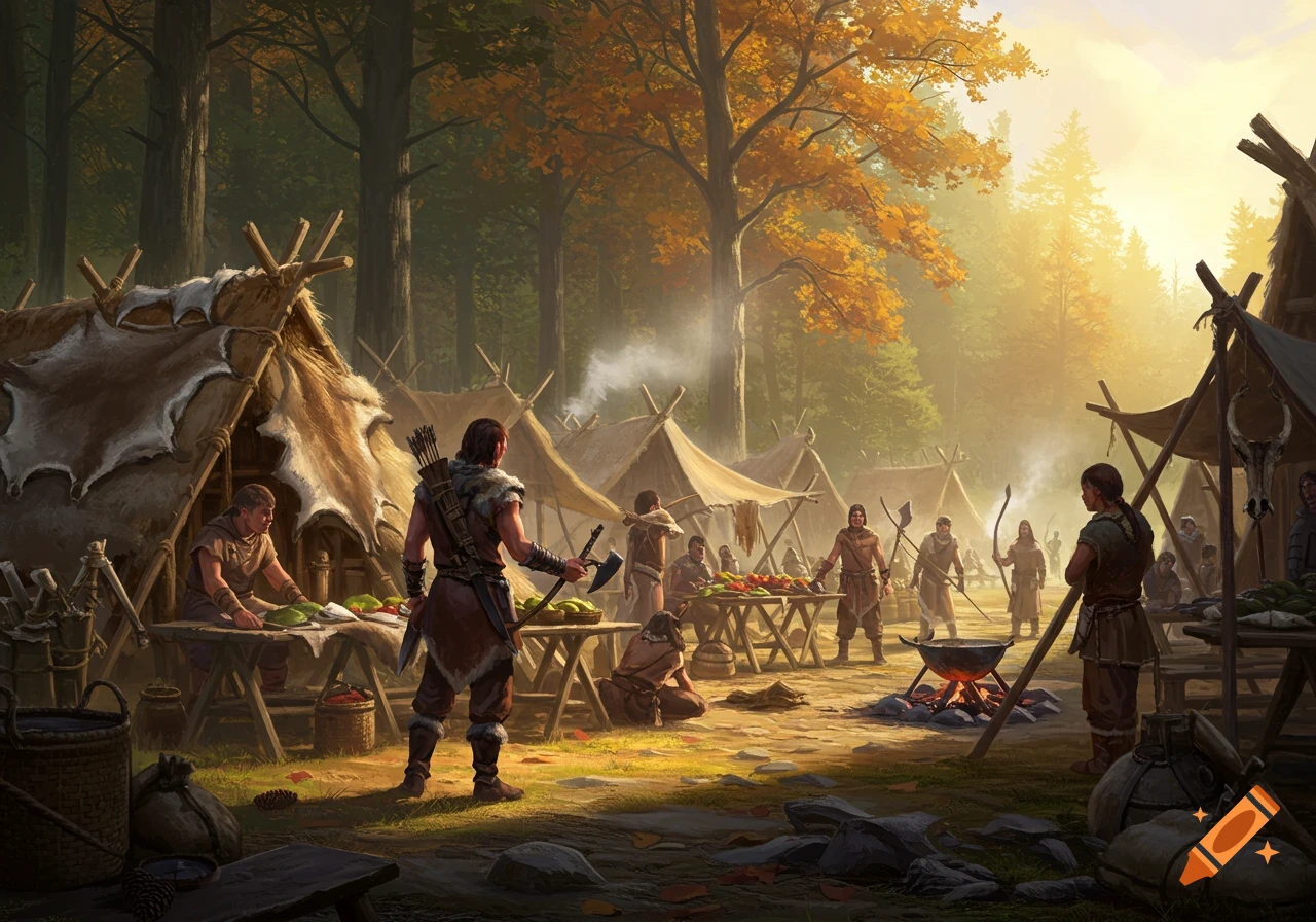 A bustling prehistoric or fantasy village in a sunlit forest clearing, with people in fur and leather clothing, tents, market stalls with produce, and campfires.