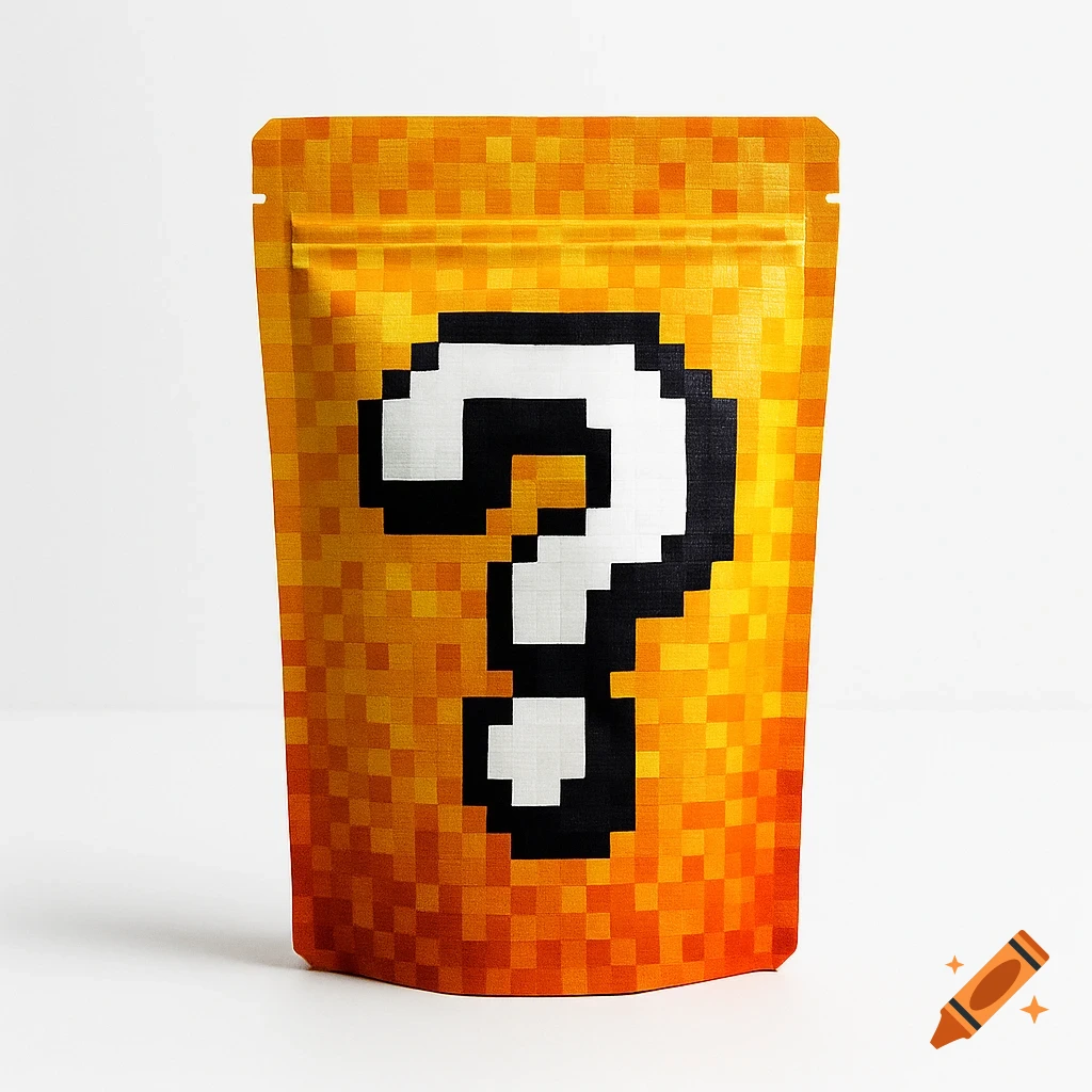 A pixelated orange and yellow doypack with a large white question mark on a white background.