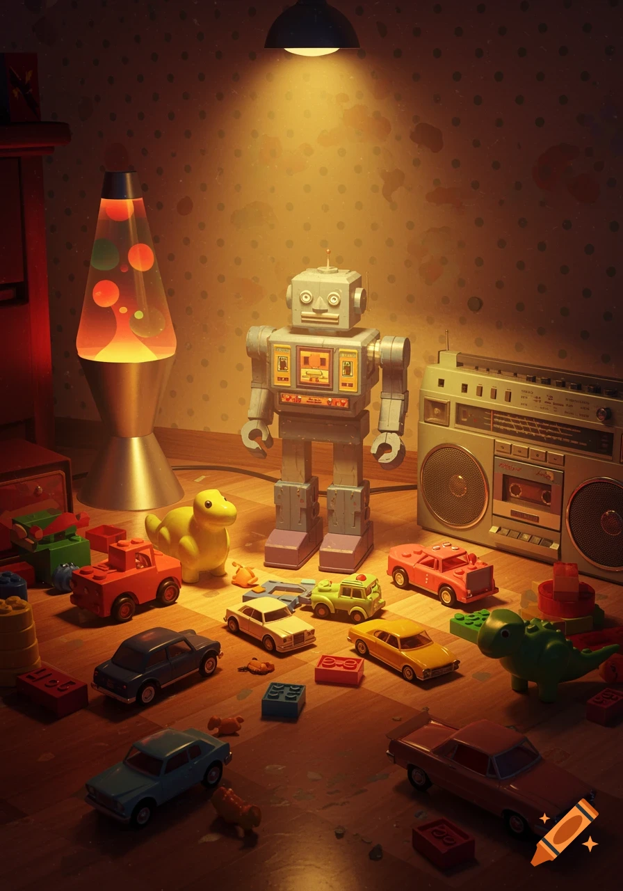 A large grey robot stands among various 80s toys like cars, a lava lamp, building blocks, and a boombox on a wooden floor, lit by an overhead lamp.